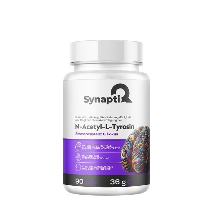 Weißes Pillenfläschchen mit lila Etikett. Aufschrift: SynaptiQ, N-Acetyl-L-Tyrosin. Enthält 90 Kapseln, 36 g.