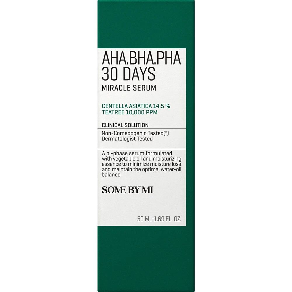 Grüne Produktverpackung. Aufschrift: AHA.BHA.PHA 30 DAYS MIRACLE SERUM. Marke SOMEBYMI. Enthält Informationen zum Produkt.