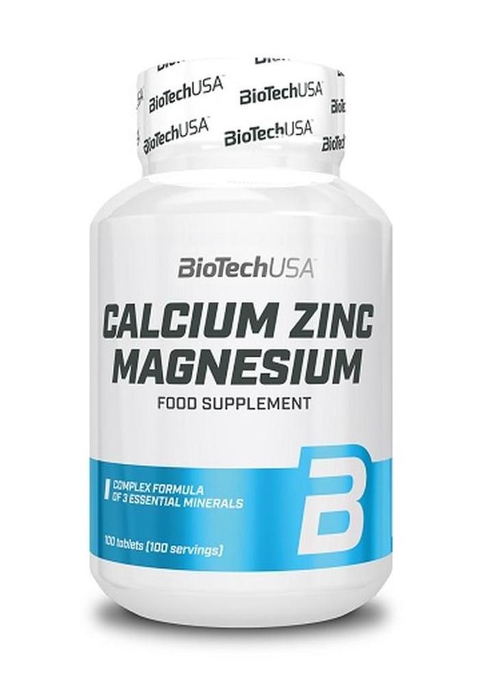 Weiße Flasche mit "BioTechUSA Calcium Zinc Magnesium". Enthält 100 Tabletten. Blaue und weiße Etikettierung.