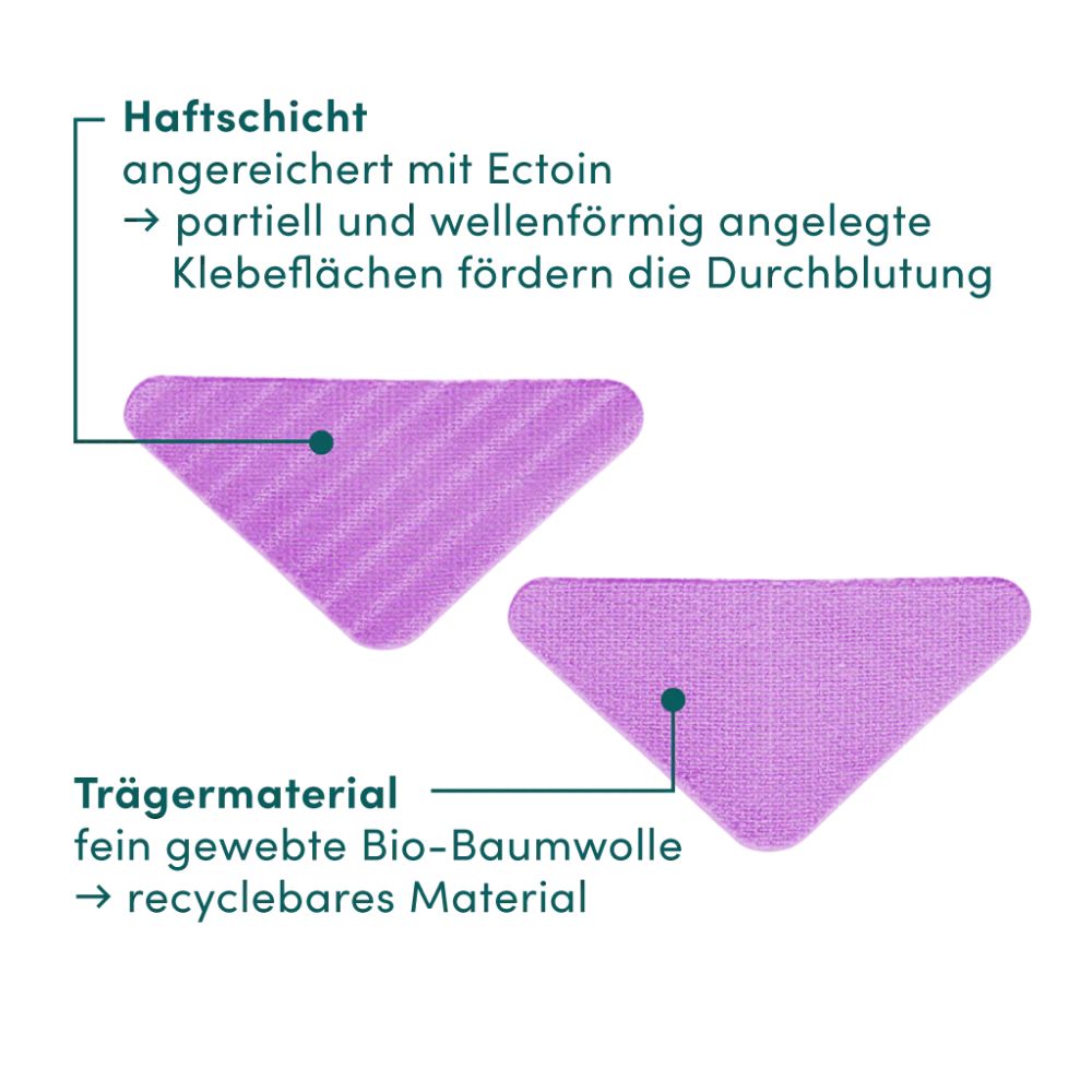 Nahaufnahme von zwei violetten Gesichtspatches. Text: Haftschicht angereichert mit Ectoin. Trägermaterial: Bio-Baumwolle.