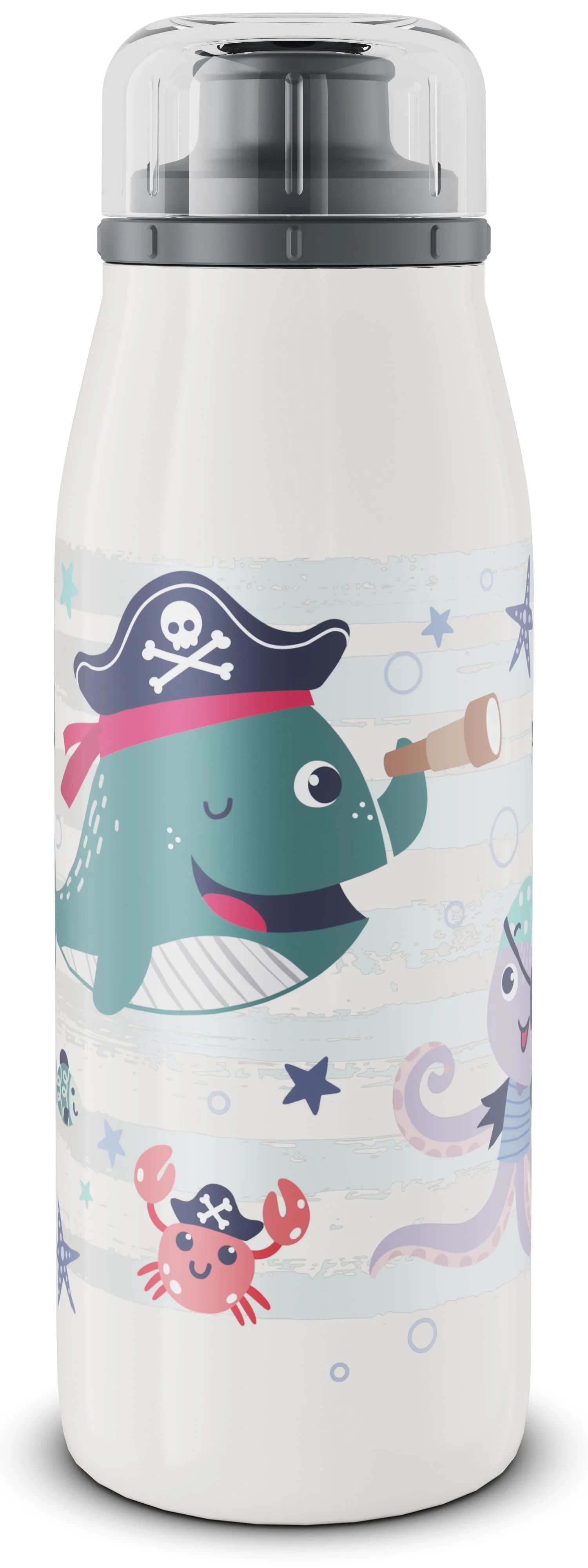 ALFI Kinderflasche mit Piraten-Wal-Motiv, Seitenansicht.
