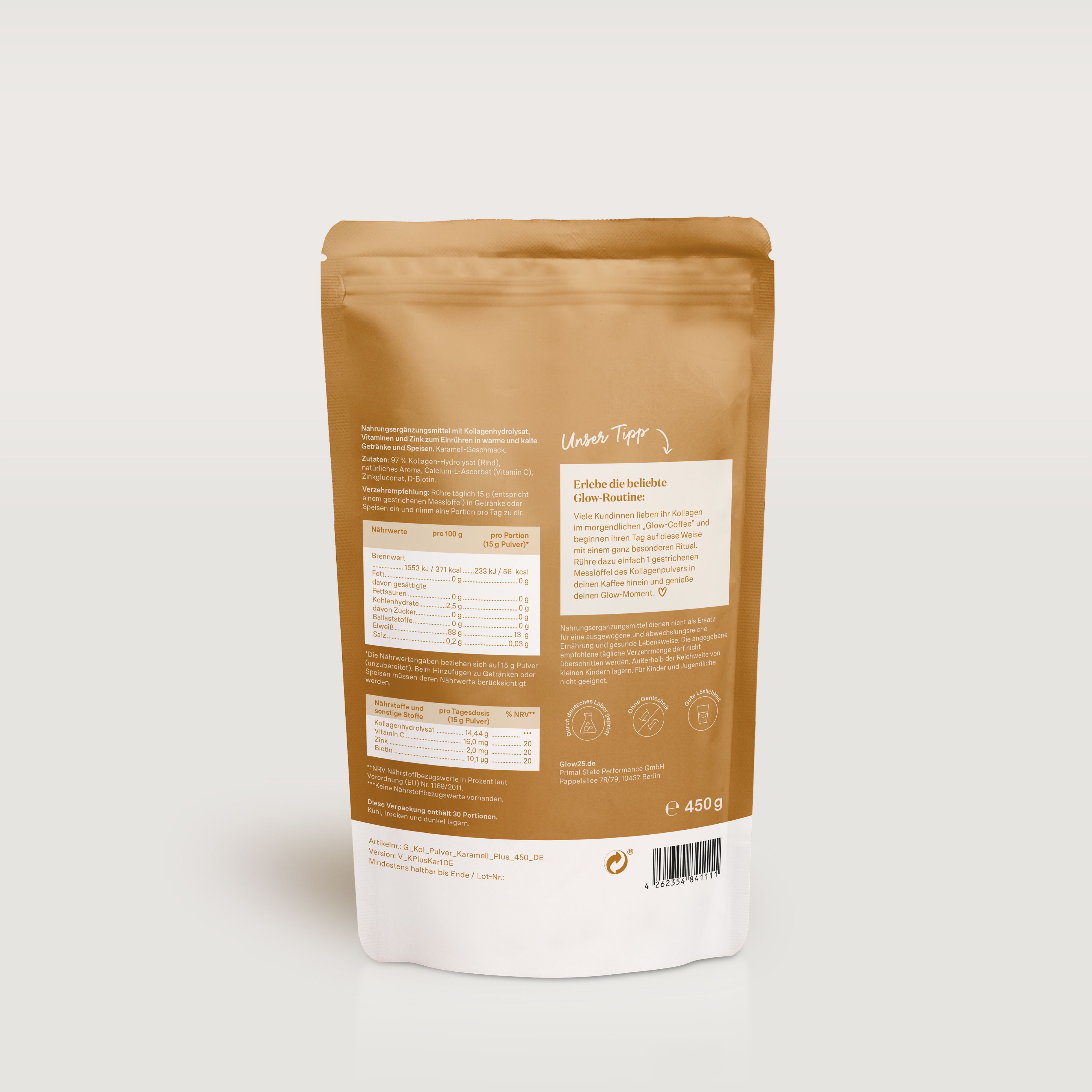 Rückseite der Glow25® Verpackung. Enthält Nährwertangaben, Inhaltsstoffe und weitere Produktinformationen.