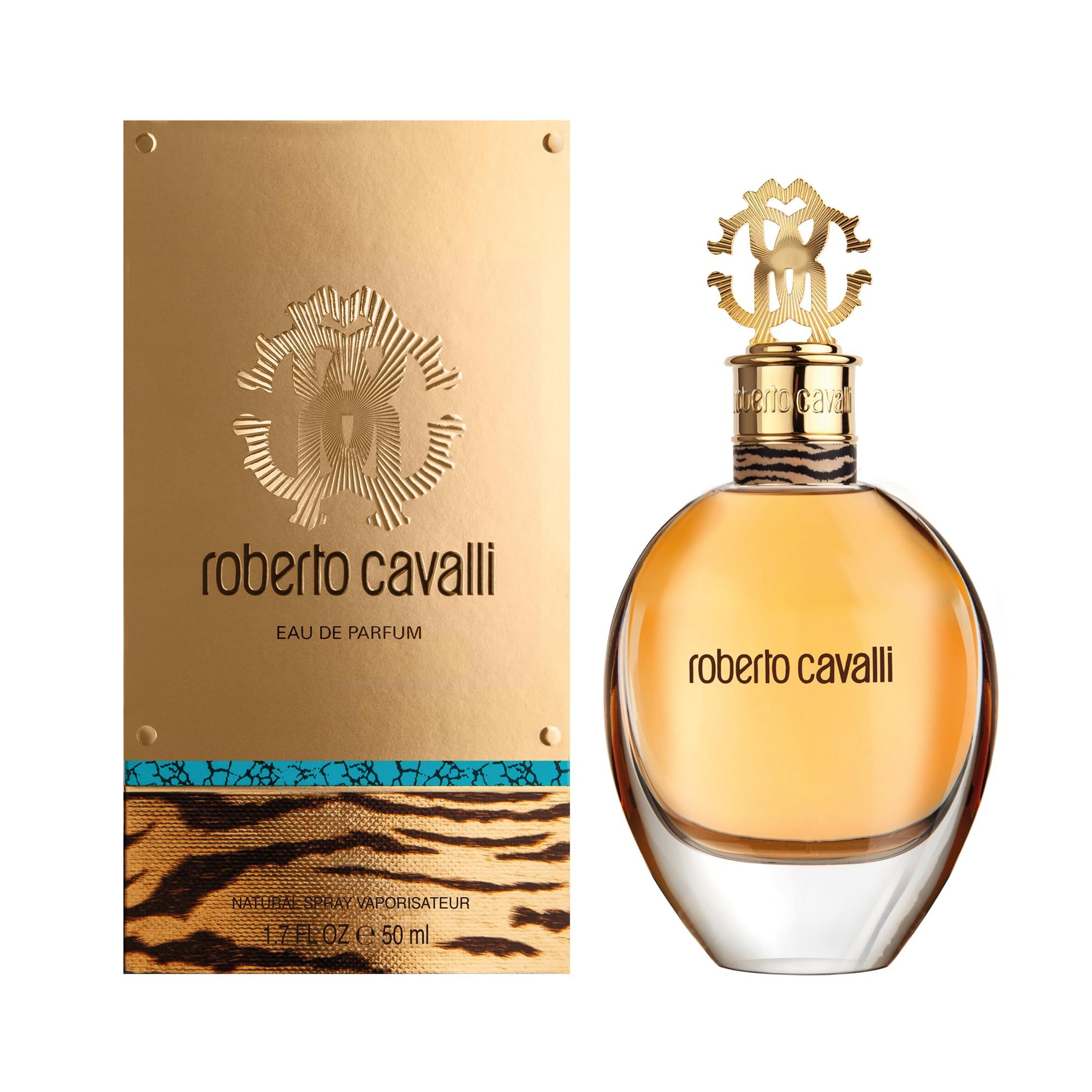 Flakon und Verpackung. Auf dem Flakon steht "roberto cavalli". Verpackung mit Logo.