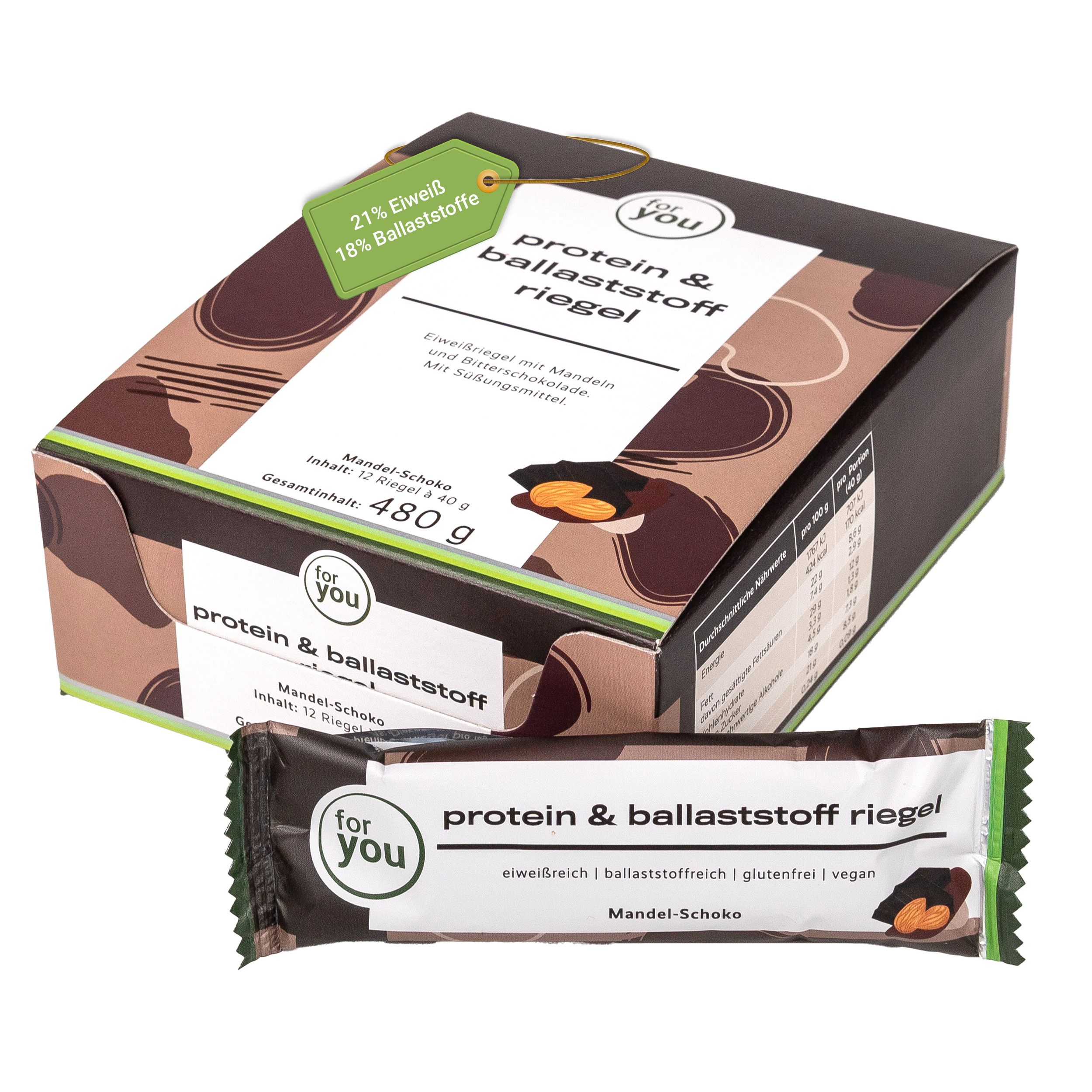 Verpackung mit 12 Riegeln, ein einzelner Riegel daneben. Etikett mit '21% Eiweiß, 18% Ballaststoffe'.