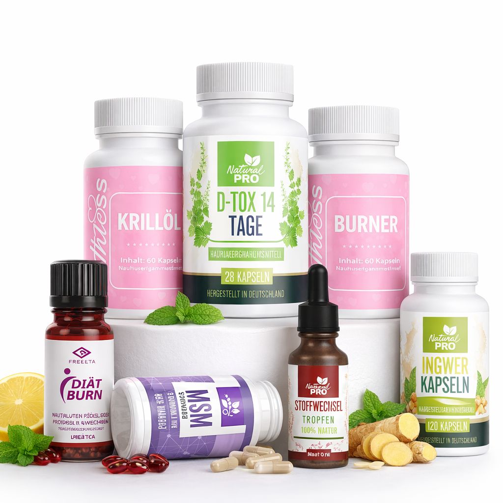 Mehrere Flaschen und eine Tropfflasche. Aufschrift: Stoffwechsel-Set, Krillöl, D-Tox 14 Tage, Burner, Ingwer Kapseln. Natural Pro.