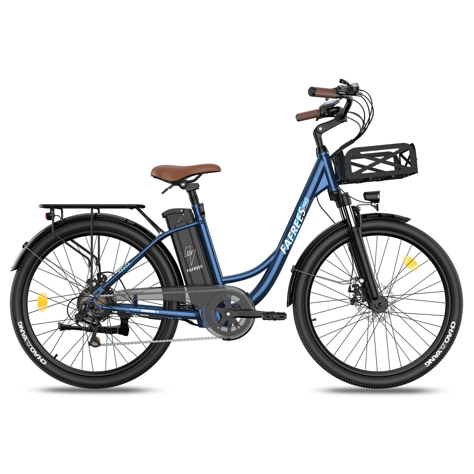 Blaues E-Bike mit braunem Sattel, Gepäckträger und Korb. Marke FAFREES.