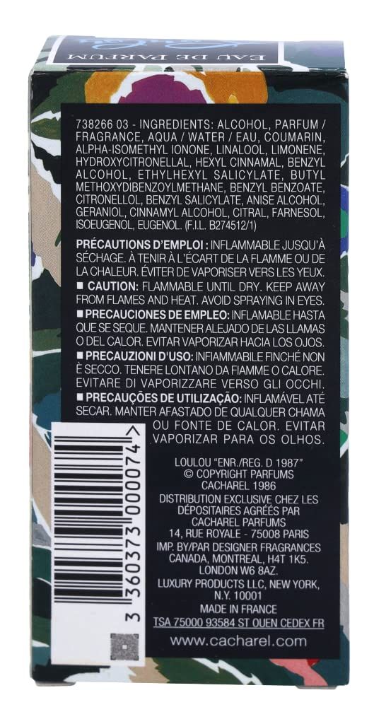 Rückseite der Parfümverpackung. Text mit Inhaltsstoffen, Vorsichtsmaßnahmen und Herstellerinformationen.