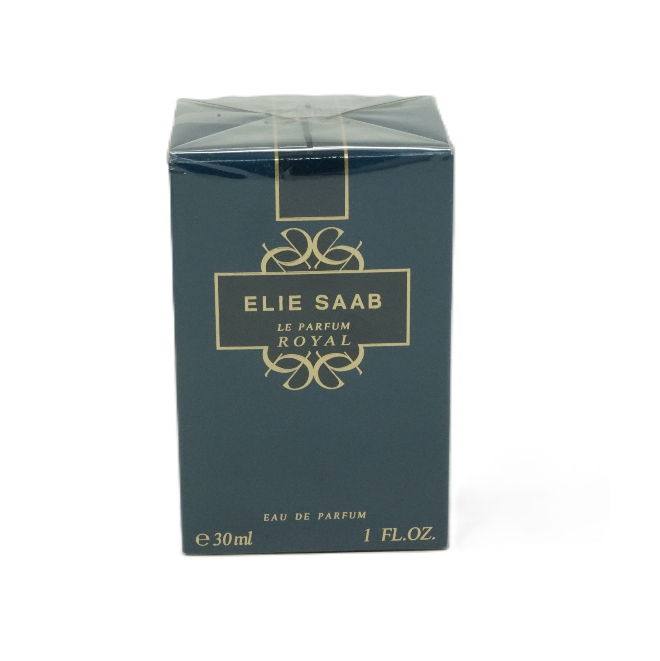 Dunkelblaue Schachtel mit goldfarbenem Text. Aufschrift: ELIE SAAB LE PARFUM ROYAL, Eau de Parfum, 30ml, 1 FL.OZ.