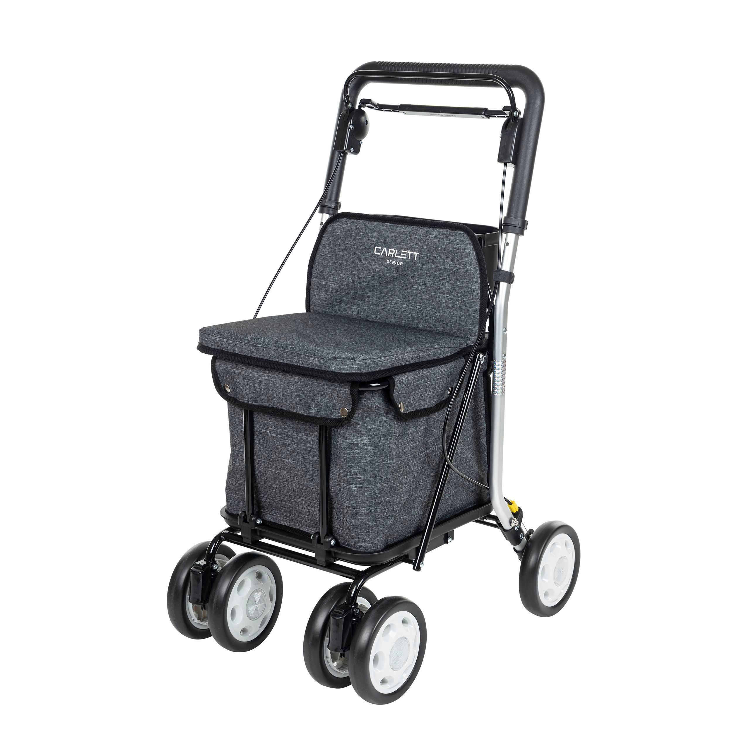 Carlett Comfort Einkaufstrolley mit Sitz, grau. Vier Räder, schwarzer Rahmen, Sitzfläche und Tasche.