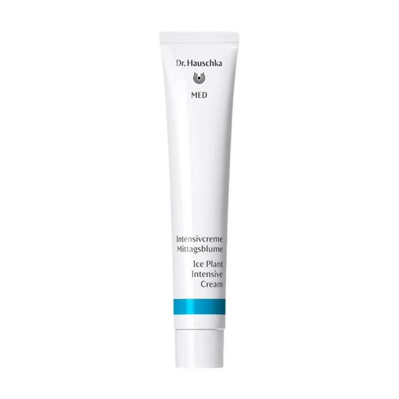 Weiße Tube mit Produktnamen und Logo. Text: Intensivcreme Mittagsblume, Dr. Hauschka Med. Blaue Akzente.