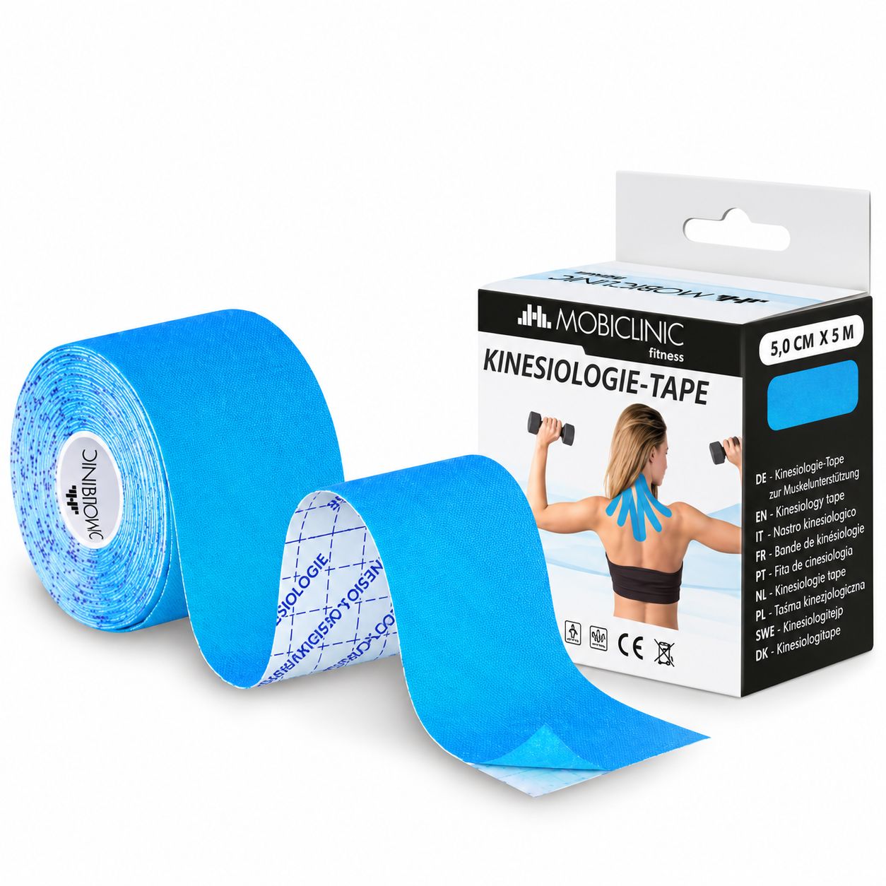 Läuferin mit Kinesiologie-Tape an Beinen und Schulter, mit Produktmerkmalen.