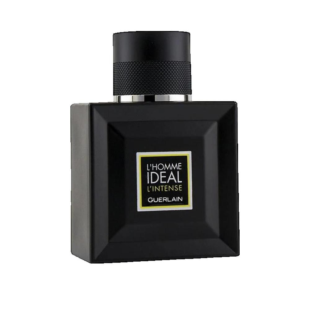 Schwarzer Flakon mit schwarzem Deckel, "L'HOMME IDEAL L'INTENSE GUERLAIN" Aufschrift.