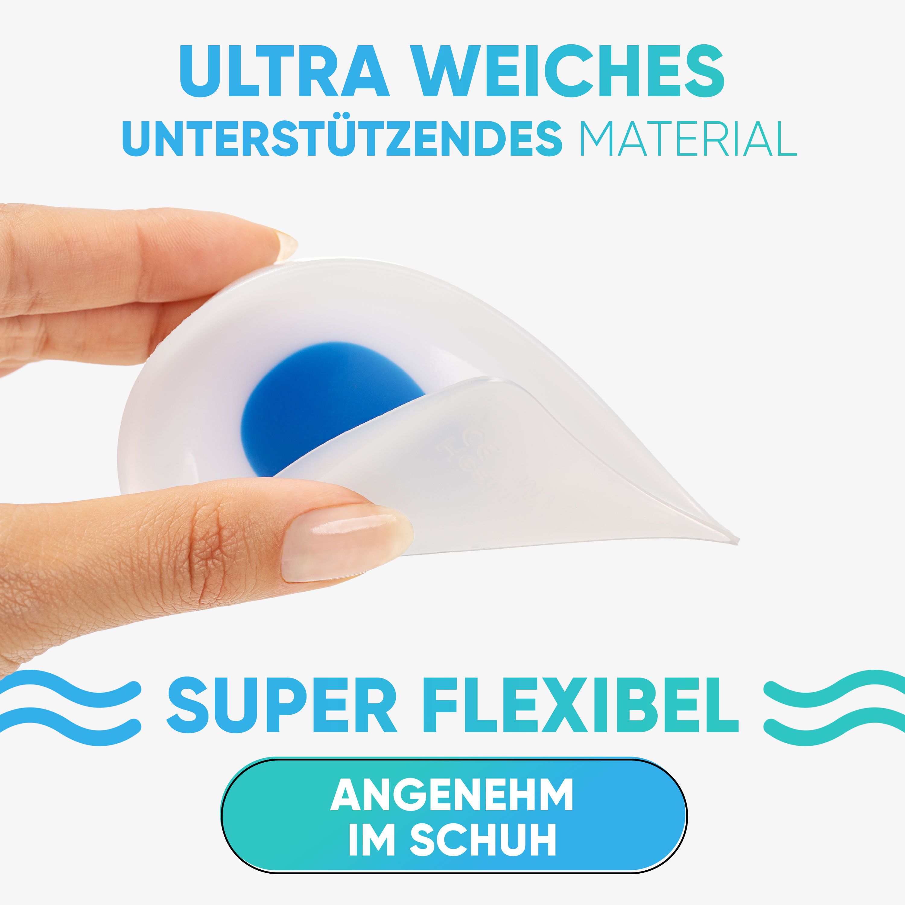 Nahaufnahme eines Fersenpolsters. Das Produkt ist weiß mit einem blauen Einsatz. Der Text beschreibt das Material als ultraweich und flexibel.
