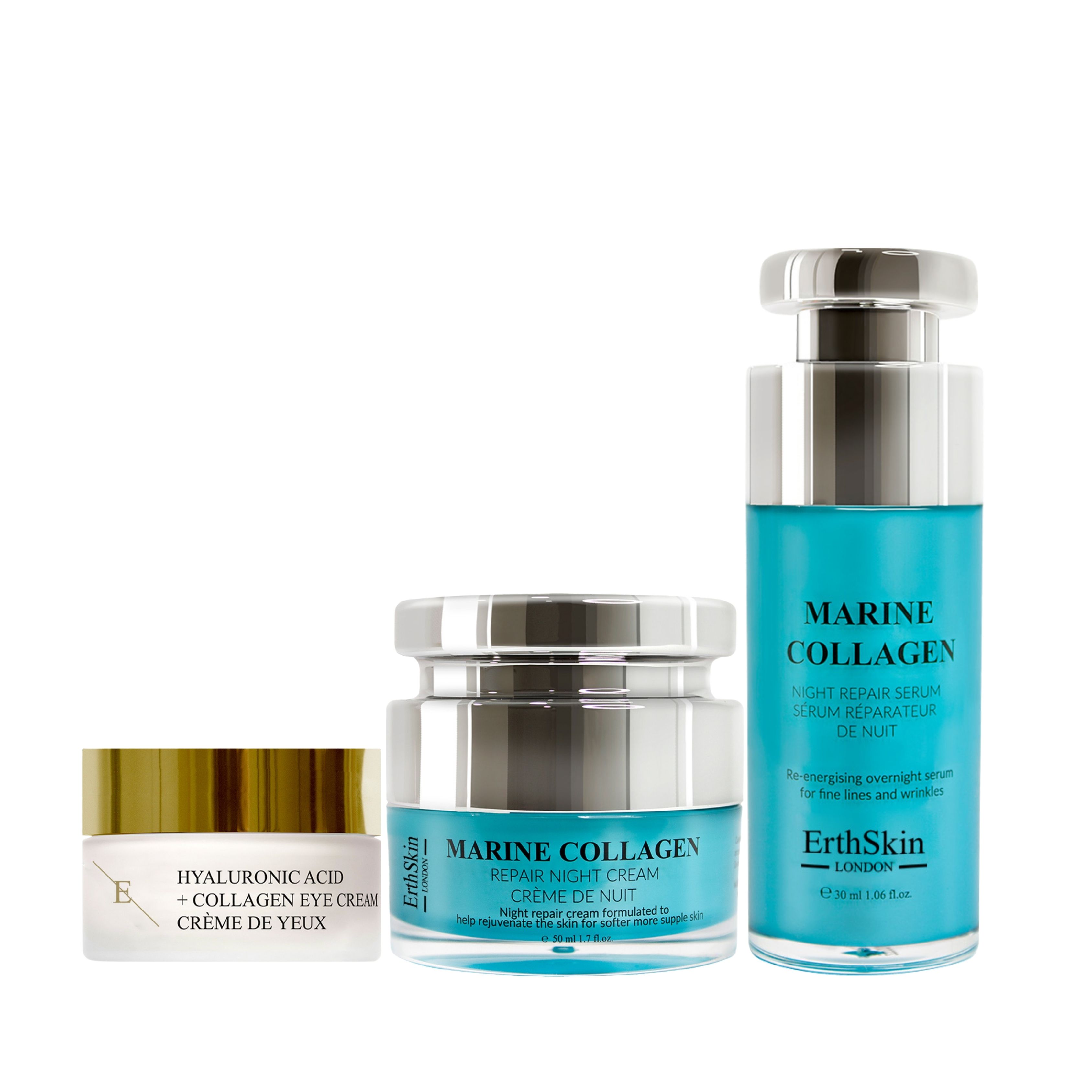 Drei Kosmetikprodukte: Augencreme, Nachtcreme und Serum. Blaue Flaschen und Tiegel mit silbernen Deckeln. Beschriftung: ErthSkin London.