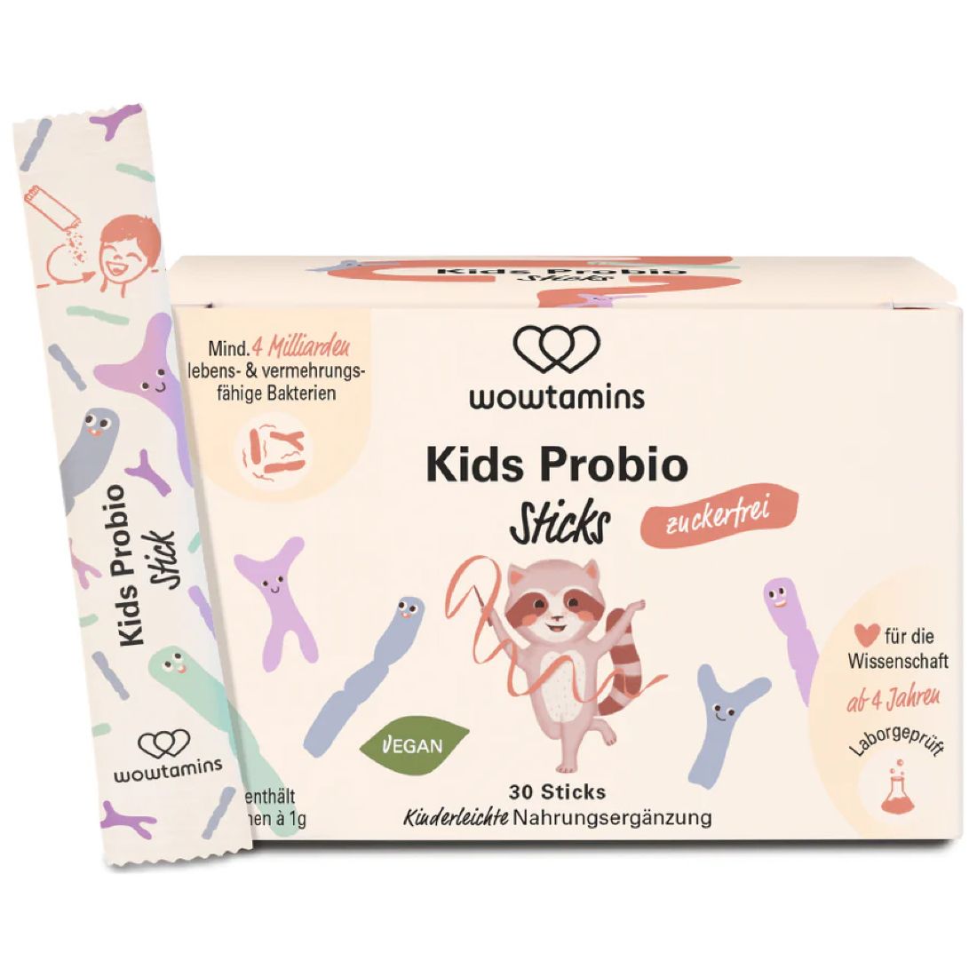 Packung Kids Probio Sticks und ein Stick. 30 Sticks. Zuckerfrei. Für Kinder ab 4 Jahren. Kinderleichte Nahrungsergänzung.