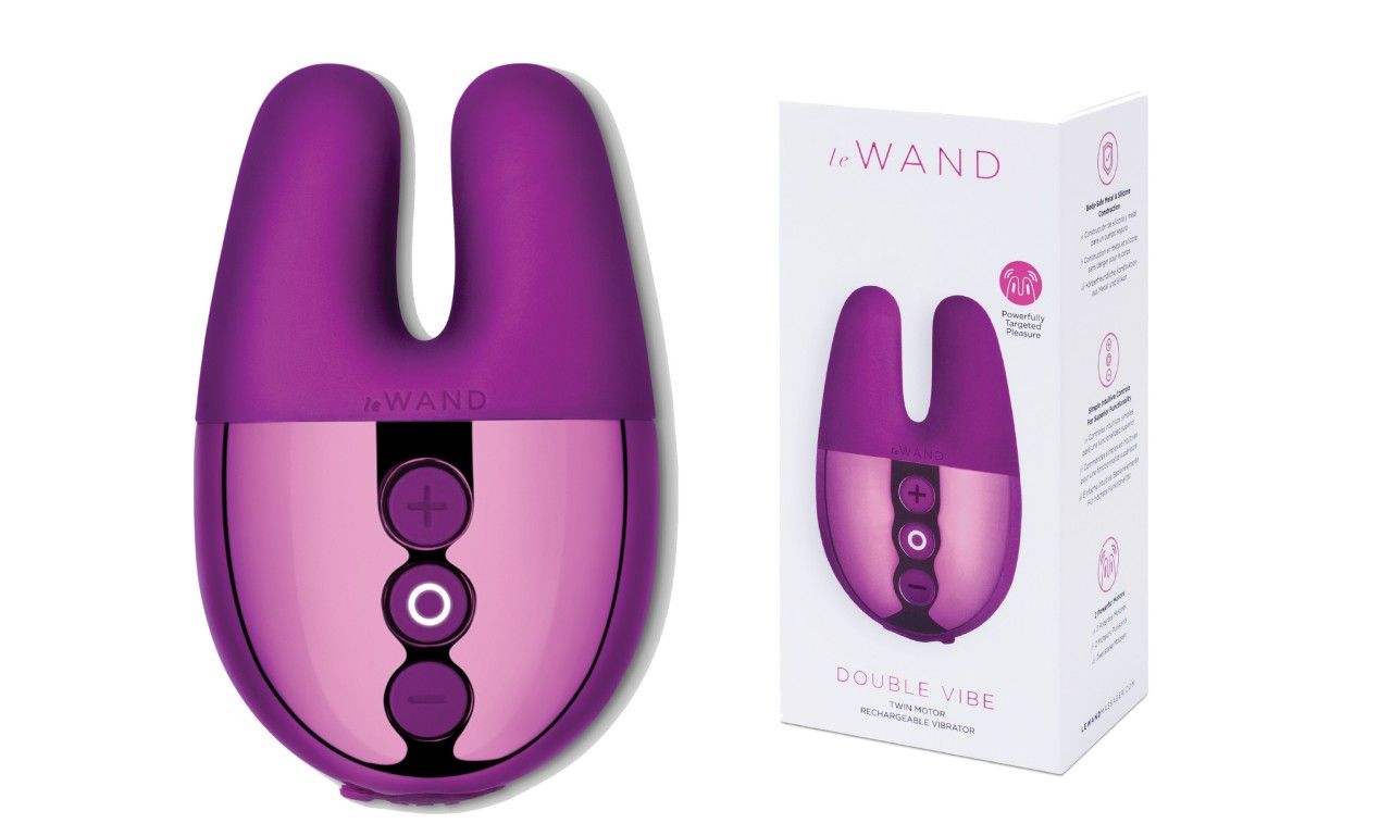 Auflegevibrator und Verpackung. Marke Le Wand. Produktname: Double Vibe.