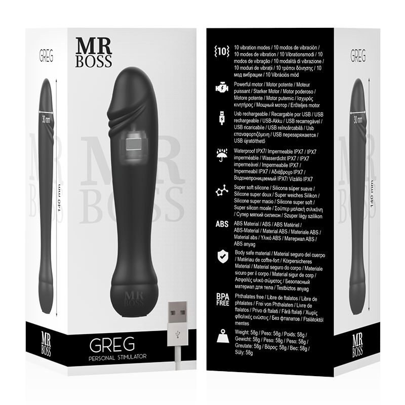 Schwarzes Greg Personal Stimulator in Verpackung. Aufdrucke: Mr. Boss, Greg, 140 mm, USB-Anschluss, IPX7, BPA-frei.