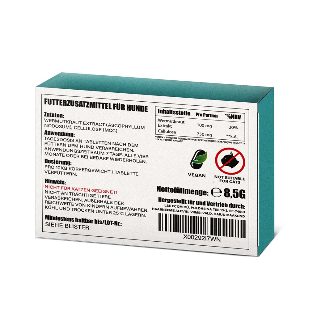 Rückseite der "Wormilen Forte"-Verpackung. Enthält Informationen zu Inhaltsstoffen, Dosierung und Warnhinweisen. Vegan-Siegel.
