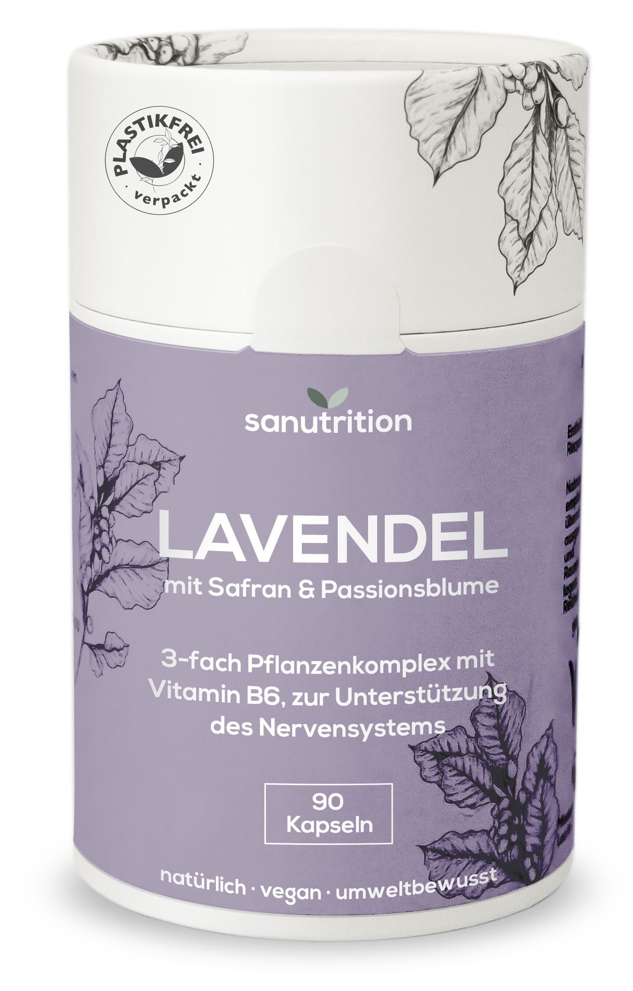 Zylindrische Dose mit Sanutrition Lavendel-Kapseln. Aufschrift: Lavendel, mit Safran & Passionsblume. 90 Kapseln. Vegan, umweltbewusst.