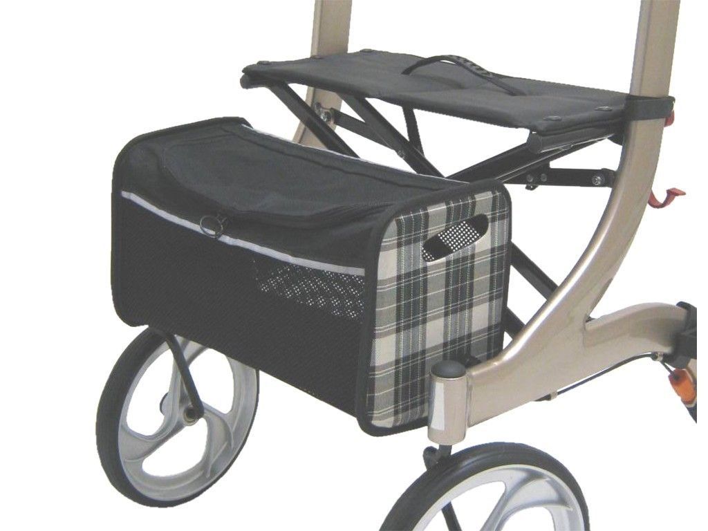 Schwarze, karierte Tasche an einem Rollator. Die Tasche hat eine Netztasche und einen Griff. Der Rollator hat Räder und eine Sitzfläche.
