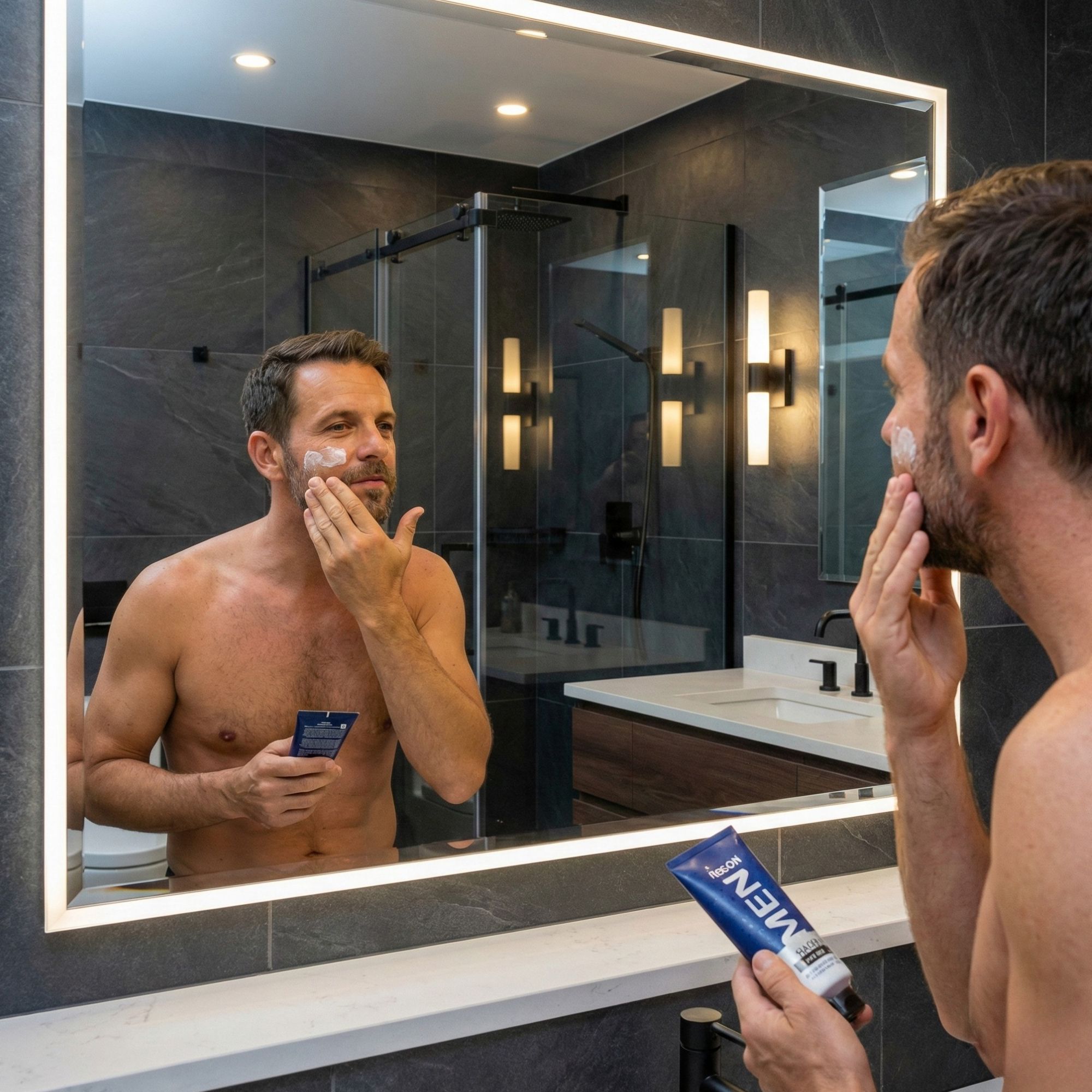 Mann im Badezimmer vor Spiegel. Er trägt Creme auf. Hält blaue Tube mit Aufschrift: Melem Men.