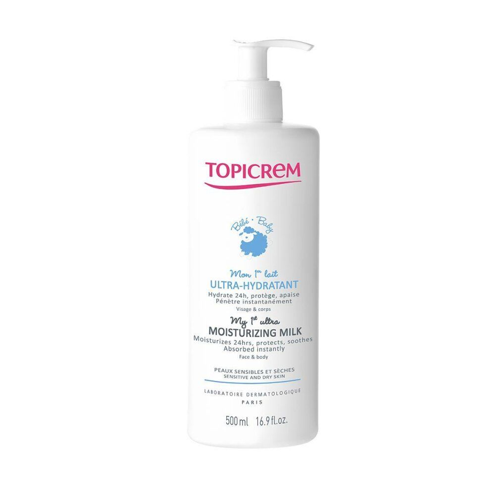 Weiße Flasche mit Pumpe. Roter Schriftzug TOPICREM. Blaue Schrift: Ultra-Hydratant. Text: Moisturizing Milk. 500ml.
