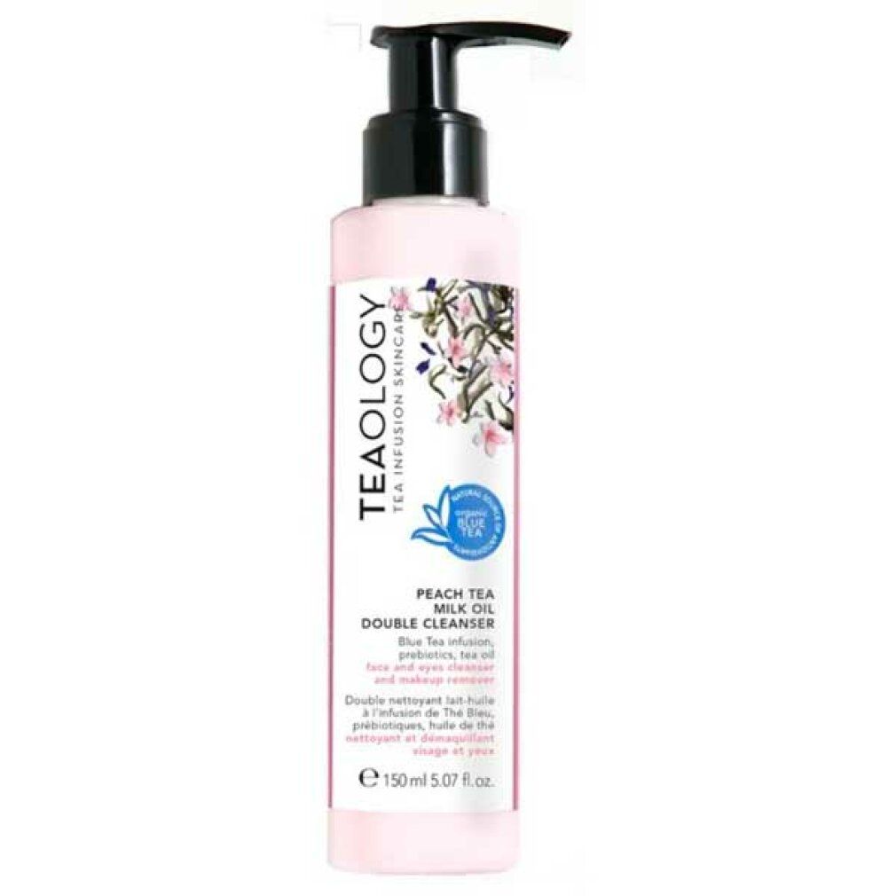 Rosa Flasche mit schwarzem Pumpkopf. Aufschrift: Teaology, Peach Tea Milk Oil Double Cleanser. Mit floralem Design und Logo.