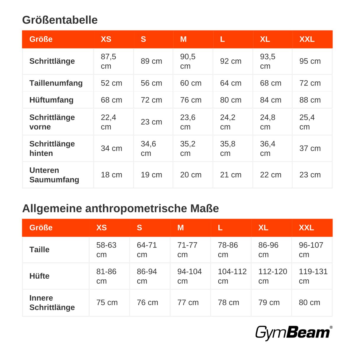 Größentabelle für Damen-Leggings mit Maßen in cm für Länge, Taille, Hüfte und Saum.