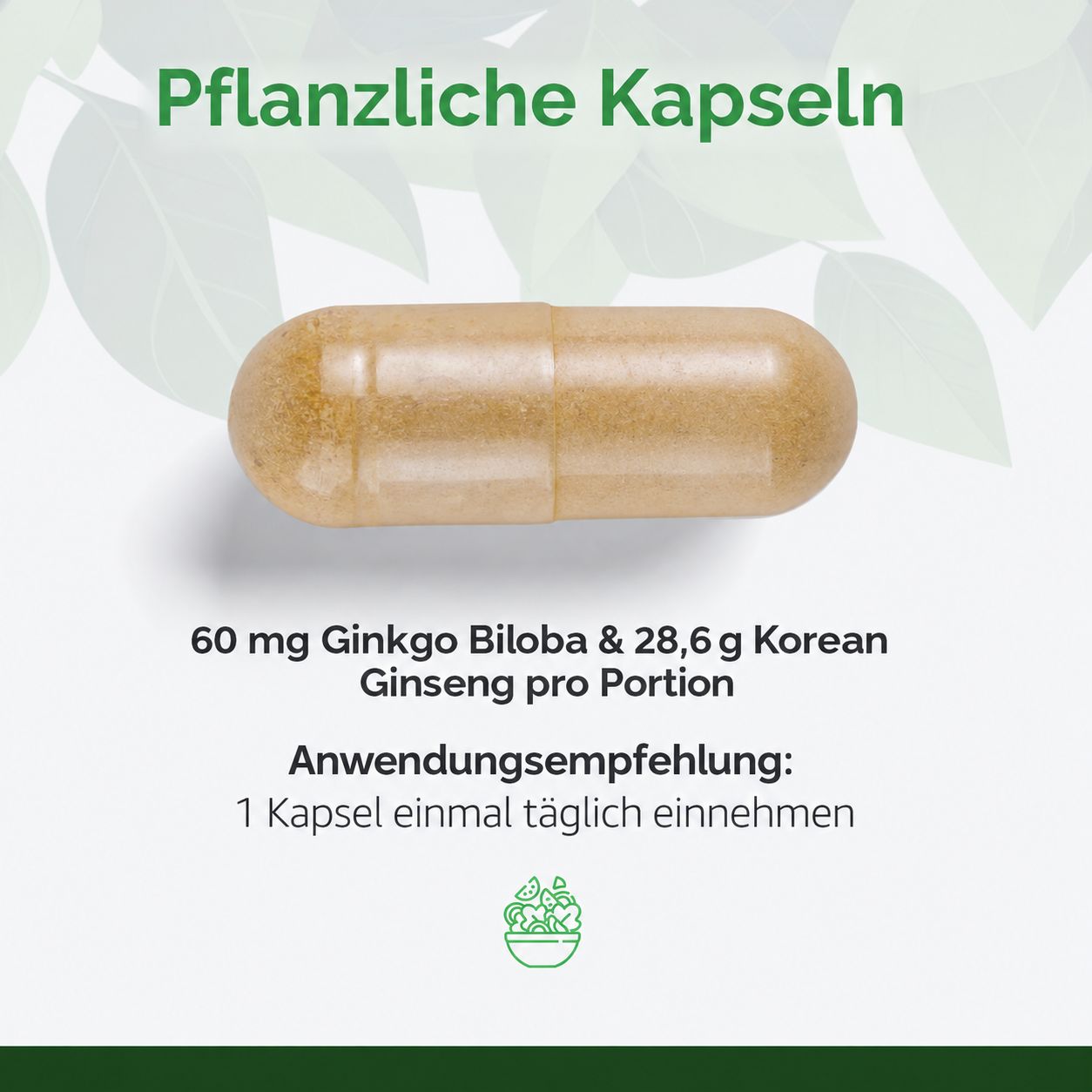 Pflanzliche Kapsel mit Ginkgo Biloba und Koreanischem Ginseng, 60 mg pro Portion.
