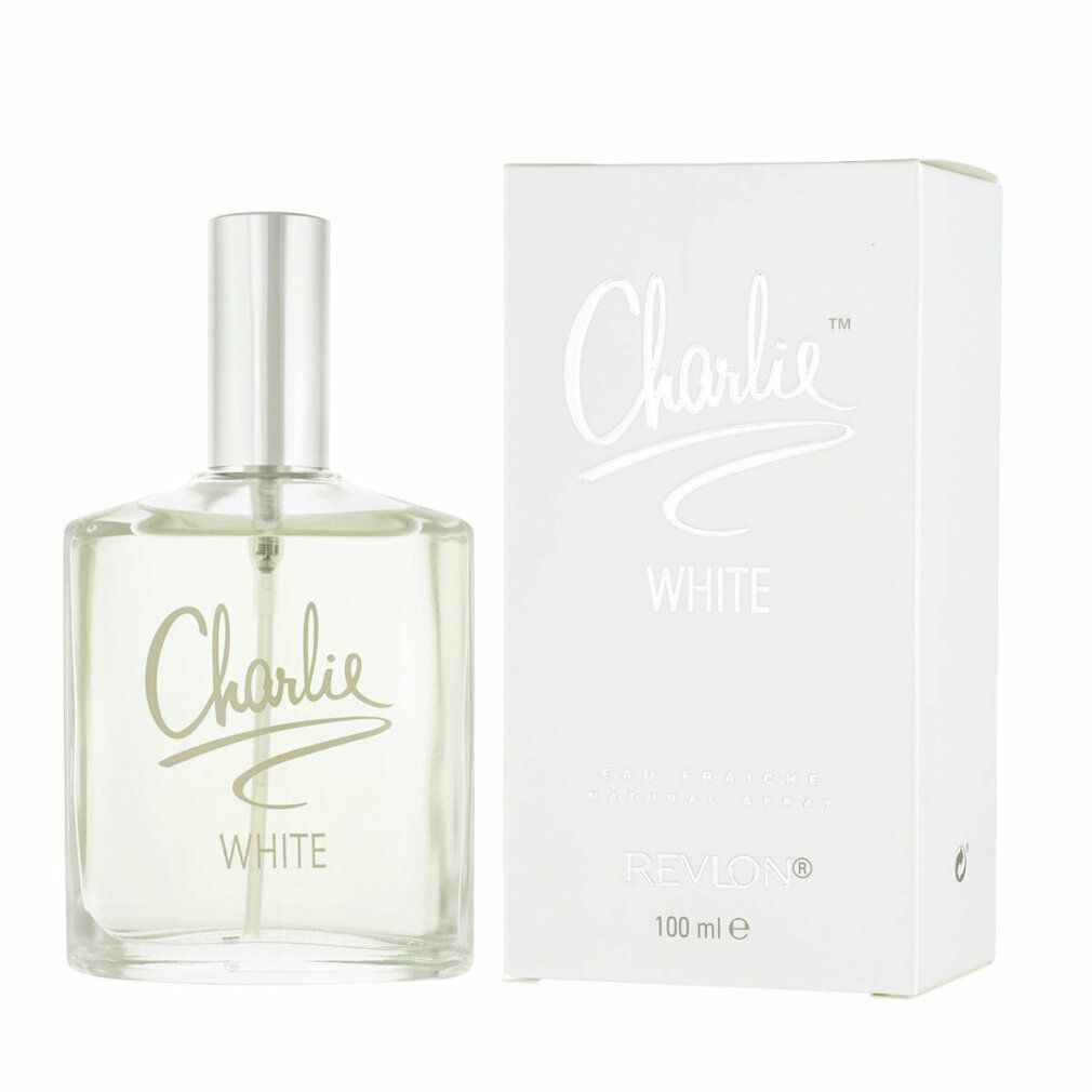 Flakon und Schachtel von Charlie White Eau Fraiche. Aufschrift: Charlie White, Revlon. 100 ml. Transparente Flüssigkeit.