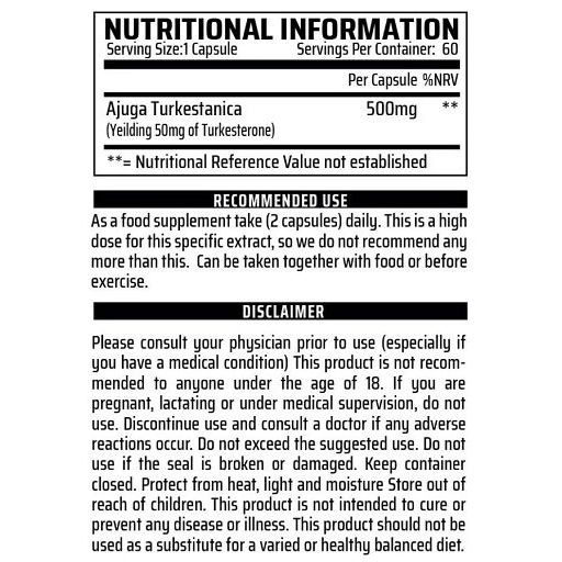 Nährwertinformationen. Pro Kapsel: 500mg Ajuga Turkestanica. Empfohlene Anwendung: 2 Kapseln täglich. Enthält Warnhinweise.