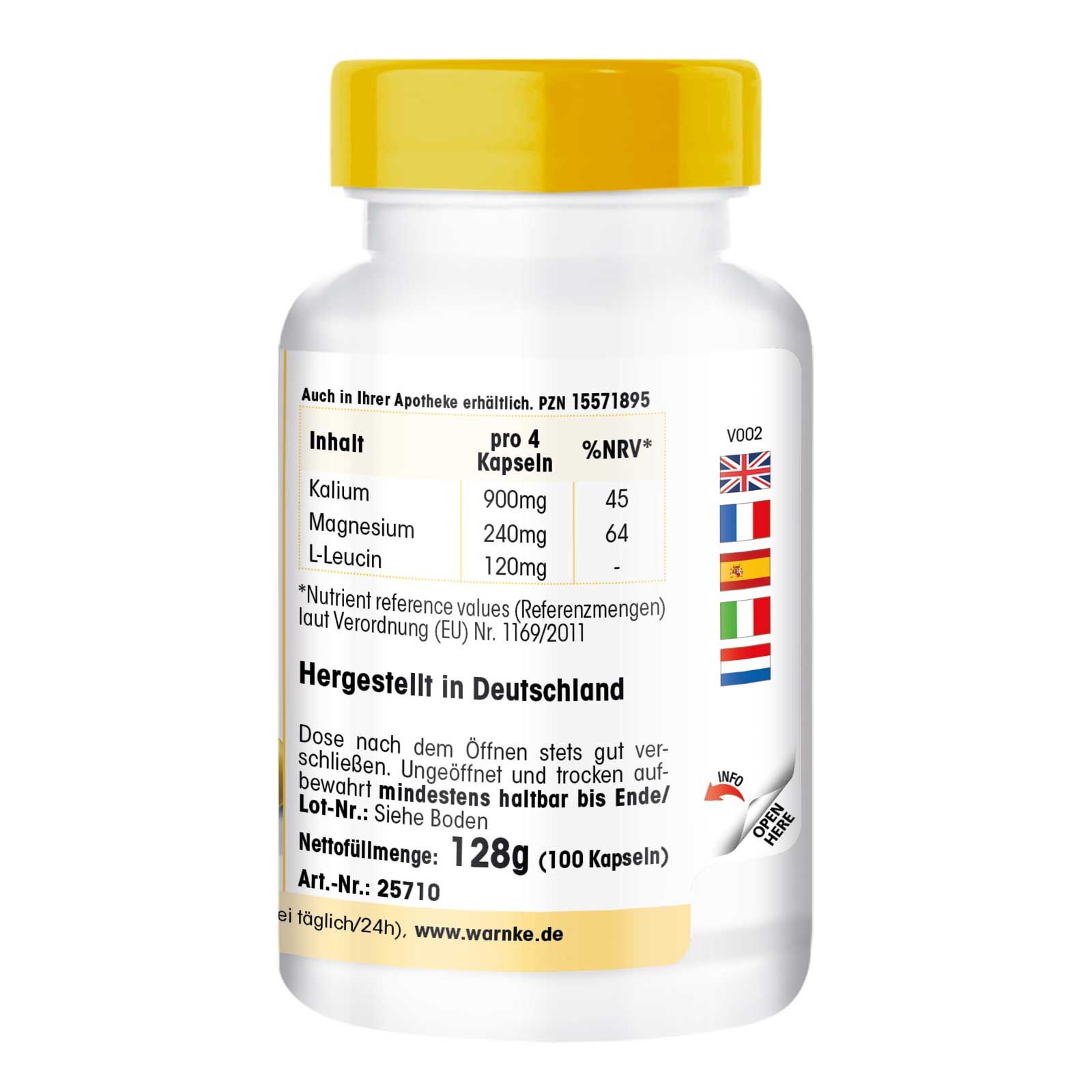 Rückseite der weißen Kapsel-Dose mit gelbem Deckel. Text: Inhalt pro 4 Kapseln, Magnesium, L-Leucin. Hergestellt in Deutschland. Nettomenge: 128g (100 Kapseln).