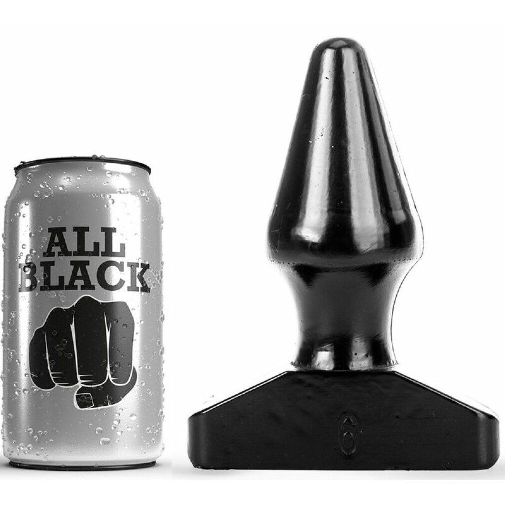 Schwarzer Plug mit konischer Form. Neben einer Dose mit dem Schriftzug "ALL BLACK" und einem Faust-Logo.