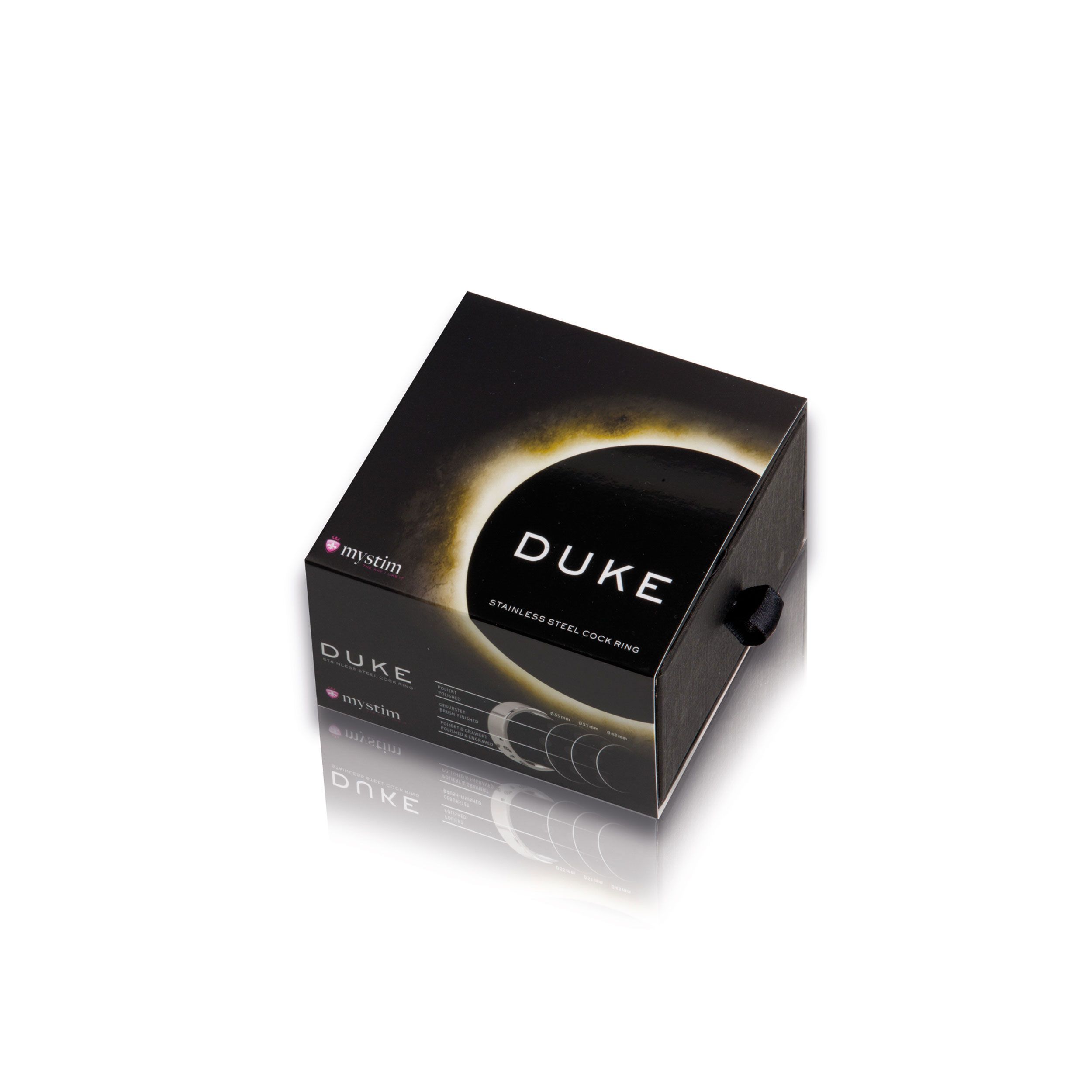 Schwarze Produktverpackung mit weißem Text. Aufschrift "DUKE" und "STAINLESS STEEL COCK RING". Marke "mystim".