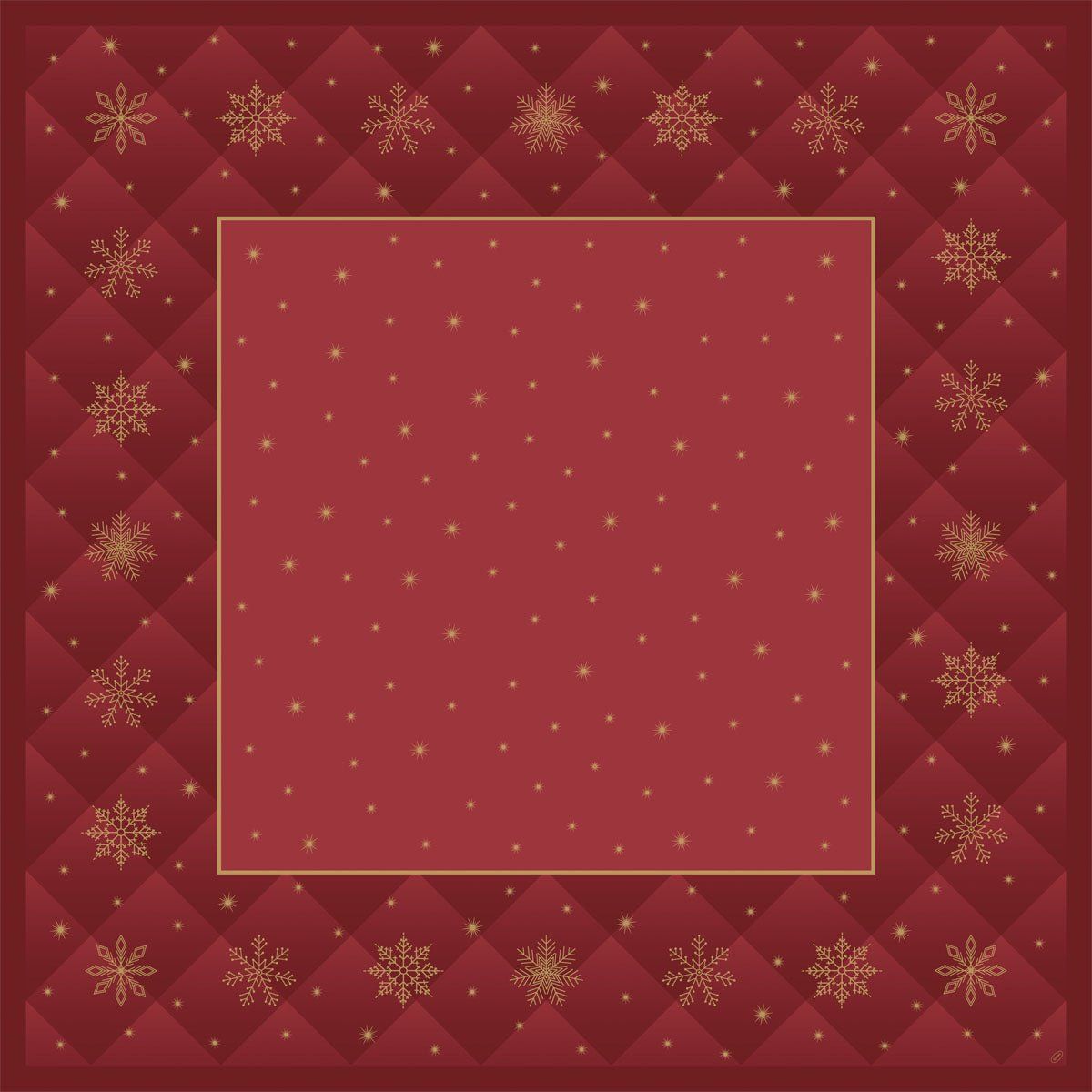Bordeauxfarbener Hintergrund mit goldenen Schneeflocken und einem quadratischen, gepunkteten Bereich. Gestepptes Muster.
