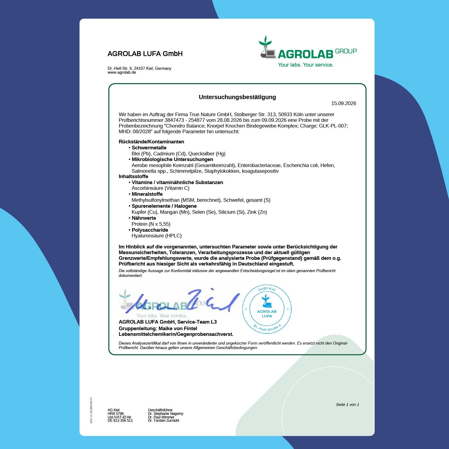 Untersuchungsbestätigung von AGROLAB für TRUE NATURE® Chondro Balance, datiert 15.09.2020.