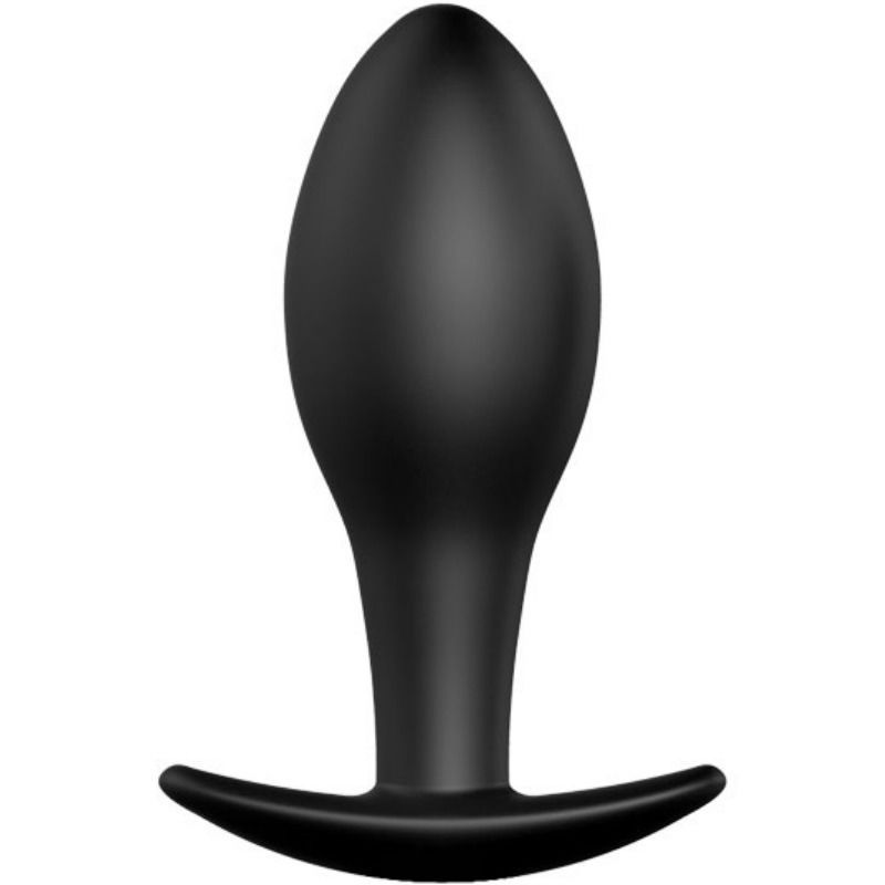 Schwarzer Analplug aus Silikon, schräg von hinten.