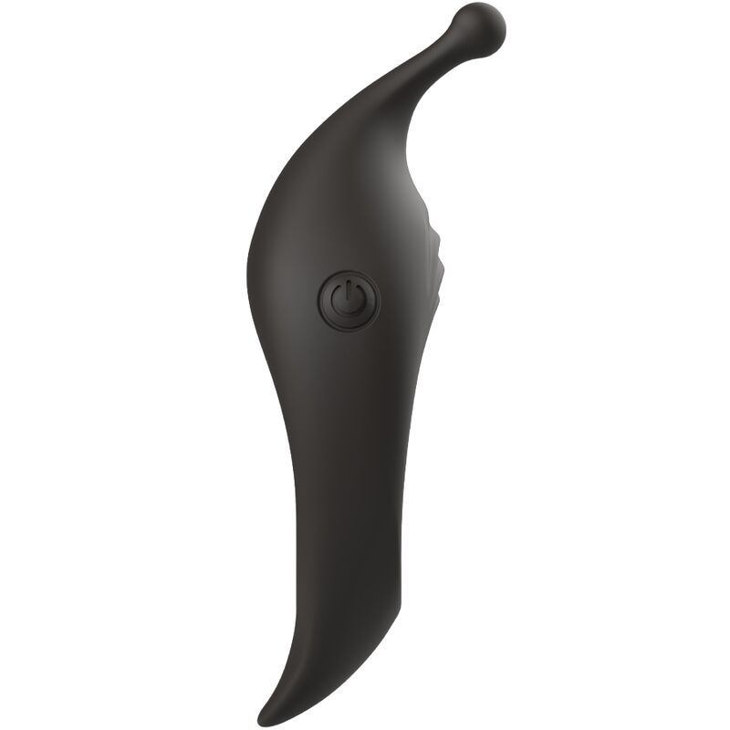 Schwarzer Vibrator mit geschwungener Form. Auf der Oberfläche befindet sich ein Knopf mit Power-Symbol. Oben befindet sich eine runde Spitze.