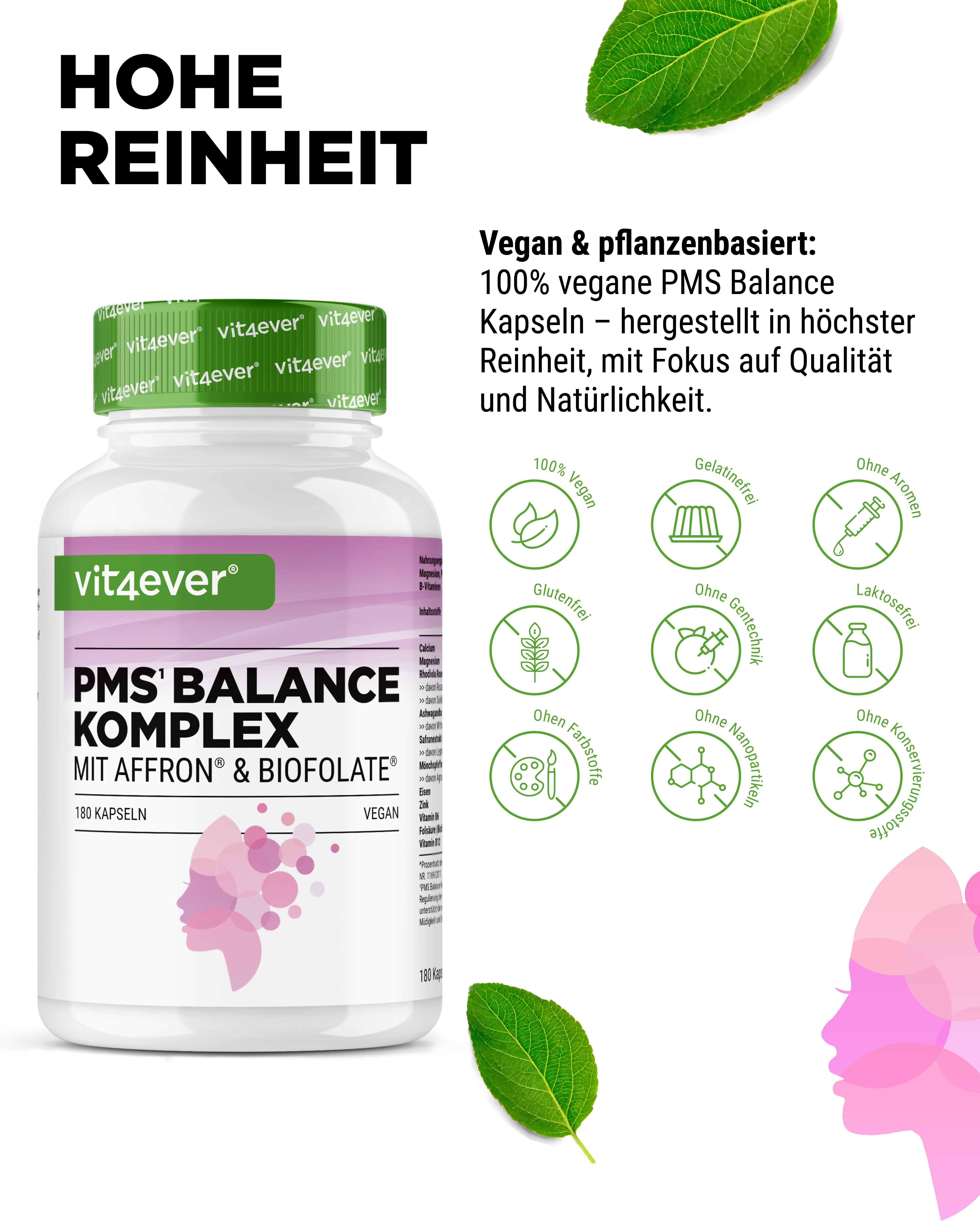 Weißes Pillenfläschchen mit grünem Deckel. Aufschrift: PMS' Balance Komplex. Vegan, 180 Kapseln. Icons: vegan, glutenfrei, ohne Aroma.