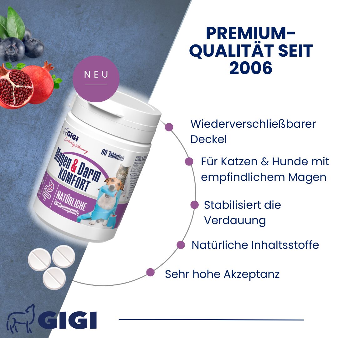 Weiße Tabletten-Dose mit Aufschrift Magen & Darm Komfort. Text über Vorteile. 3 Tabletten liegen daneben.