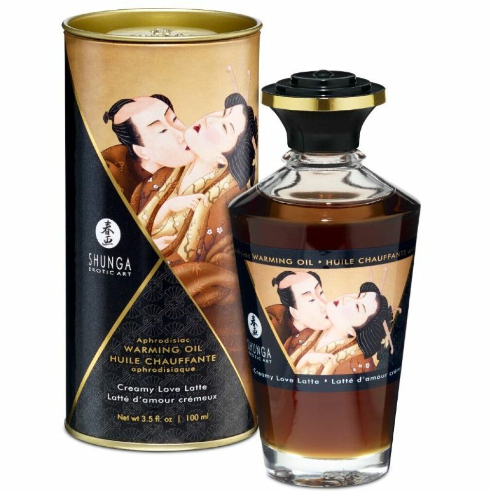 Glasflasche und Dose mit Produktabbildung. Aufschrift: Shunga, Warming Oil, Creamy Love Latte. Dose mit schwarzem und goldenem Design.