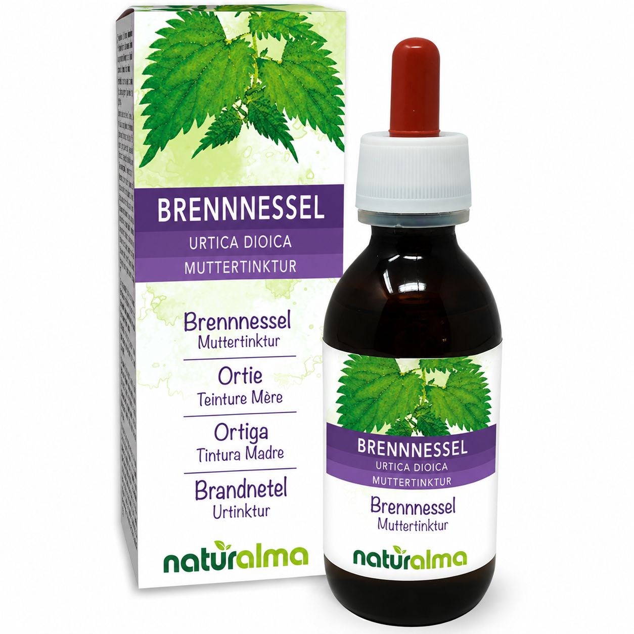Brennnessel Urtinktur Flasche und Karton mit Abbildung der Pflanze.