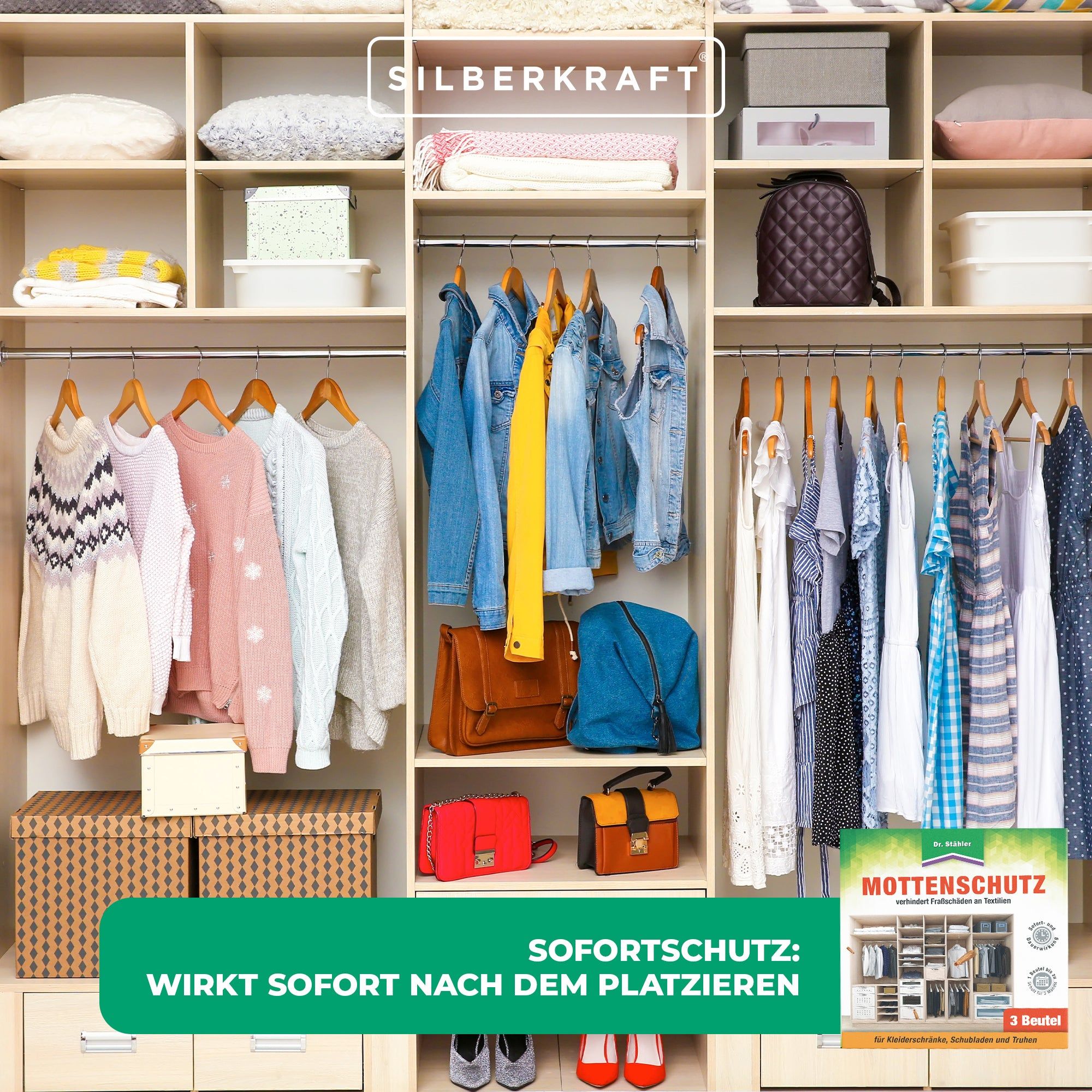 Kleiderschrank mit Kleidung. Kleines Bild: Verpackung mit 3 Duftbeuteln. Text: Sofortschutz: Wirkt sofort nach dem Platzieren.