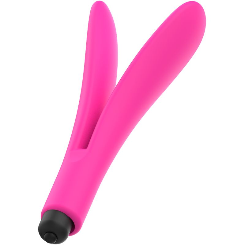 Pinkfarbener Vibrator mit zwei gebogenen Enden und einem schwarzen Bedienungsteil. Aus Silikon.