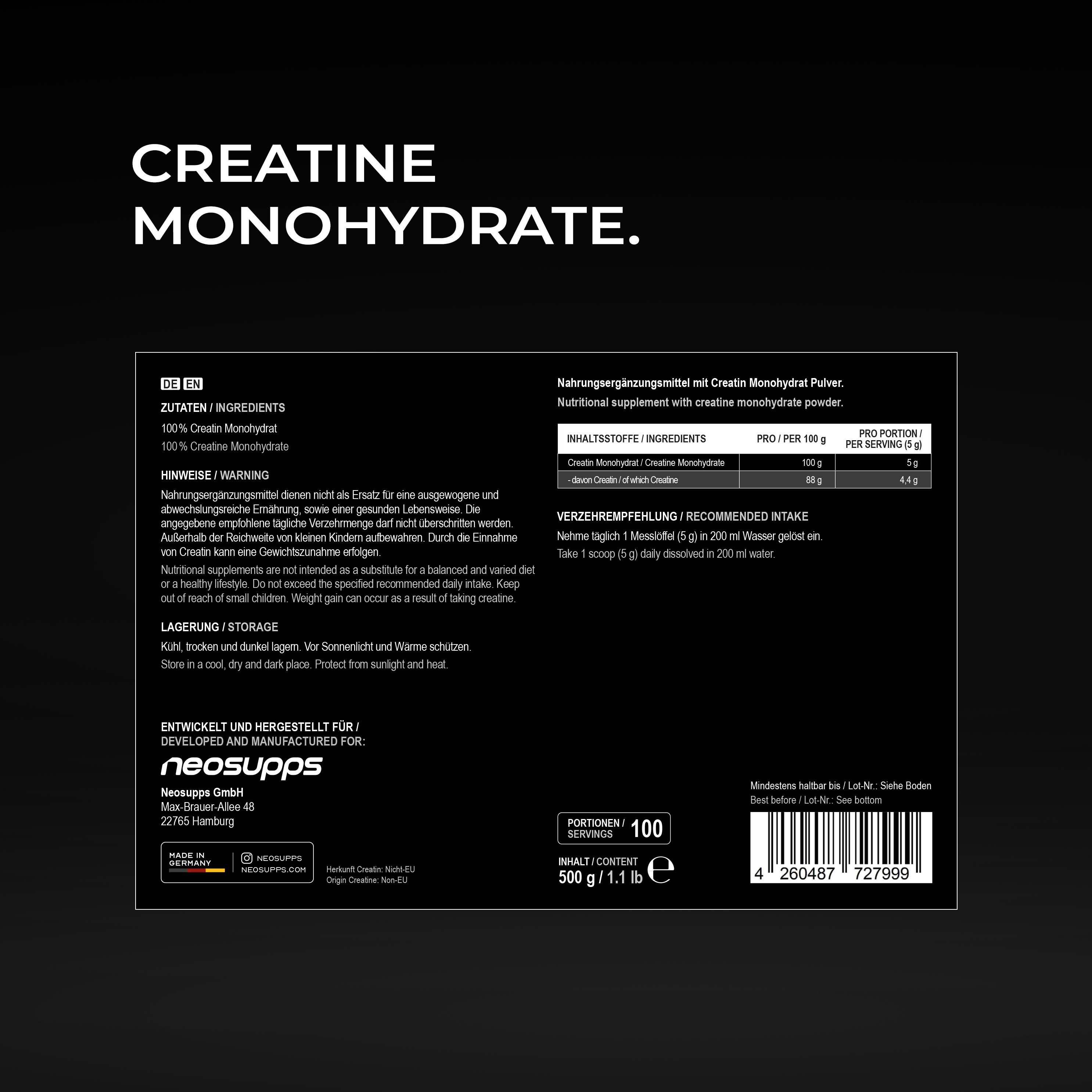 Neosupps Creatin Monohydrat Pulver, 500g, 100 % reines Kreatin ohne Zusatzstoffe