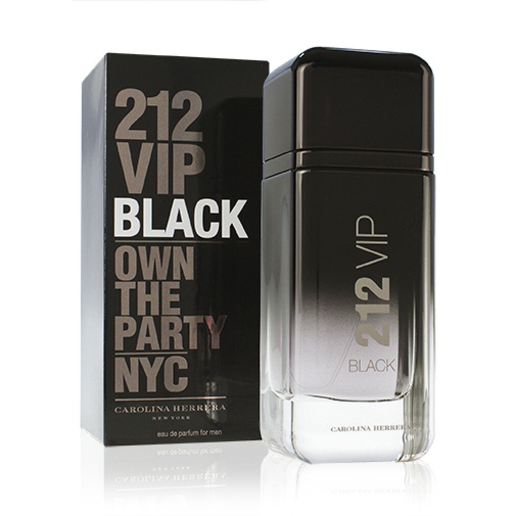 Schwarzer Karton und Flakon. Karton mit weißer Schrift: 212 VIP BLACK, CAROLINA HERRERA. Flakon mit schwarzem Deckel.