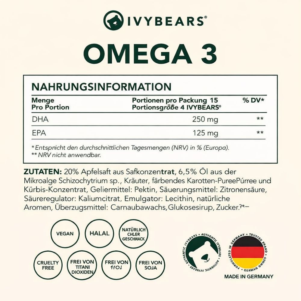 Nährwertinformationen für Omega 3. Text: DHA, EPA. Logos: Vegan, Halal, Natürlicher Geschmack, Cruelty Free, Frei von Titandioxid, Frei von Soja.