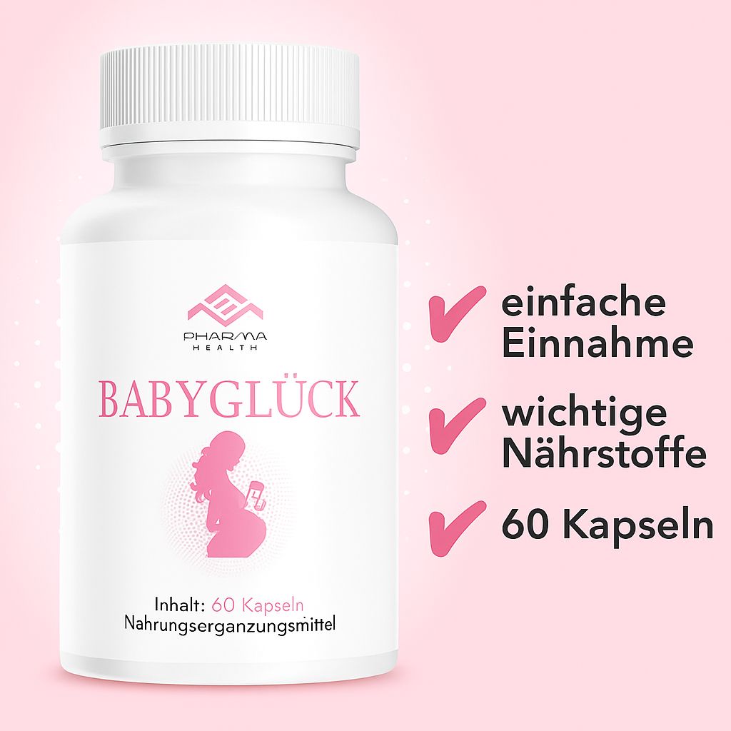 Weiße Flasche mit Kapseln. Aufschrift: BABYGLÜCK, Pharma Health Logo, 60 Kapseln. Hergestellt in Deutschland. Mit Häkchen: einfache Einnahme, wichtige Nährstoffe.