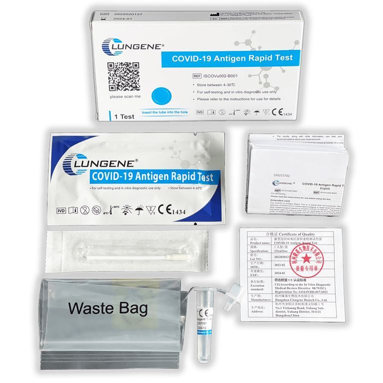 Komplettes Clungene COVID-19 Antigen Rapid Test Kit. Enthält Testkassette, Tupfer, Röhrchen, Beutel, Anweisungen, Zertifikat.