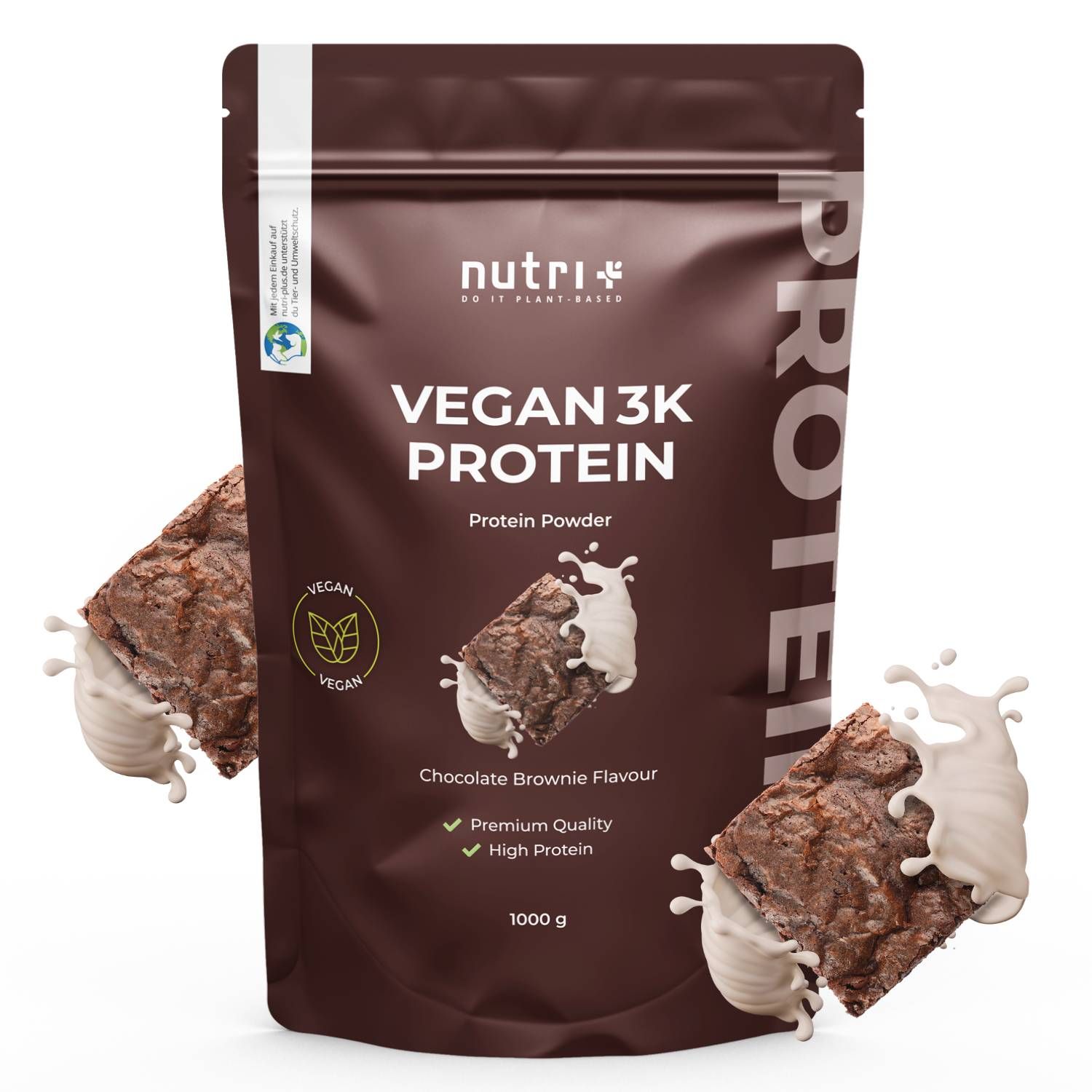 Braune Tüte mit "Vegan 3K Protein". Schokoladen-Brownie-Geschmack. Vegan-Siegel. 1000g.
